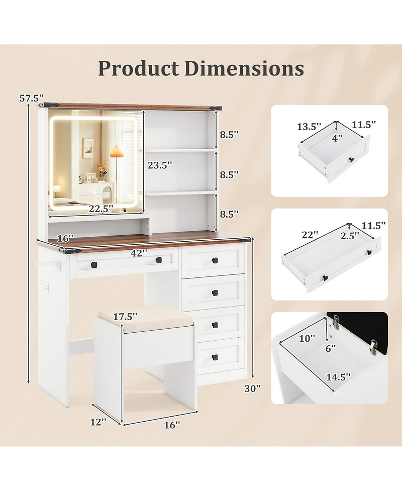 Farmhouse Vanity Set with Mirror and 3-Color Lighting