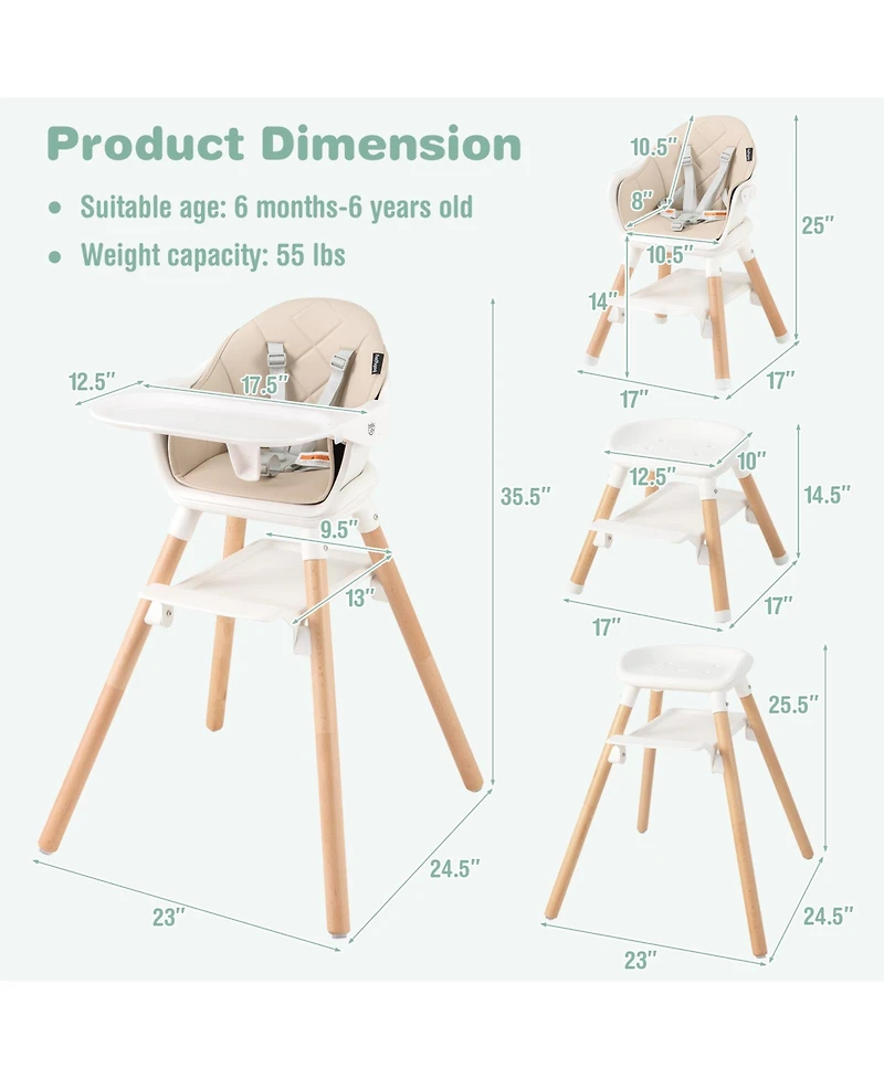 6 1 Convertible Highchair with Safety Harness and Removable Tray