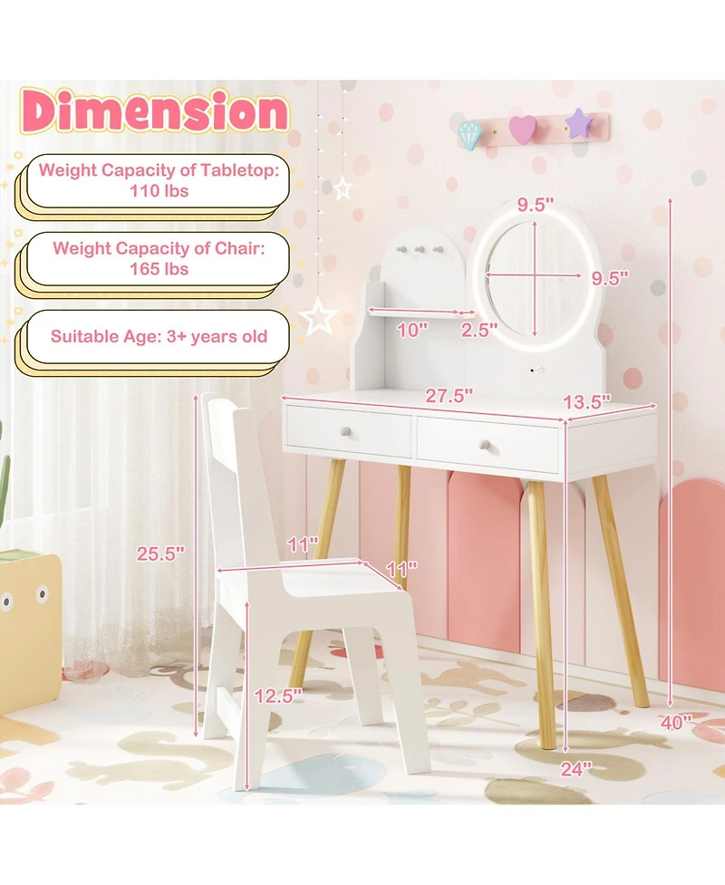Kids Vanity Set with Light-Up Mirror, Chair, and Princess Makeup Desk