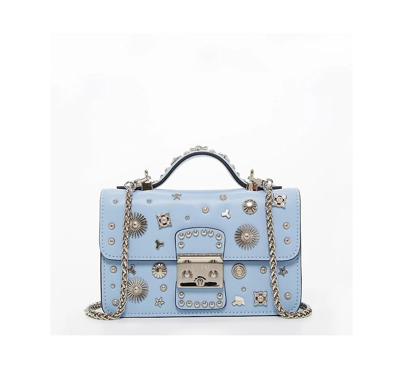 Susu Women s Light Blue Studded Crossbody Bag Powder Blue Sky Blue Designer Leather Shoulder Purse Top Handle and Embellishments