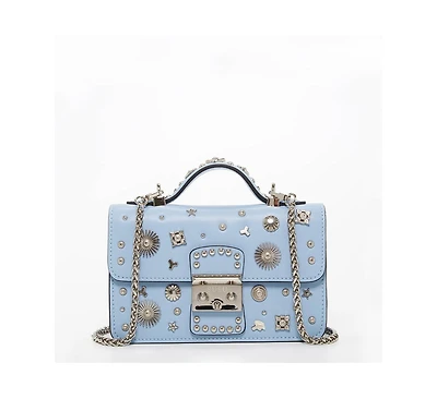 Susu Women s Light Blue Studded Crossbody Bag Powder Blue Sky Blue Designer Leather Shoulder Purse Top Handle and Embellishments