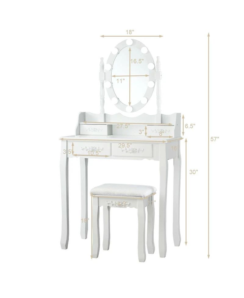Makeup Dressing Table with Touch Switch Lighted Mirror and Cushioned Stool