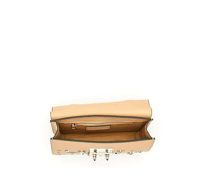 Susu Women s Beige Studded Crossbody Bag Designer Leather Shoulder Purse with Chain Strap and Top Handle, Statement Handbag with Silver Embellishments