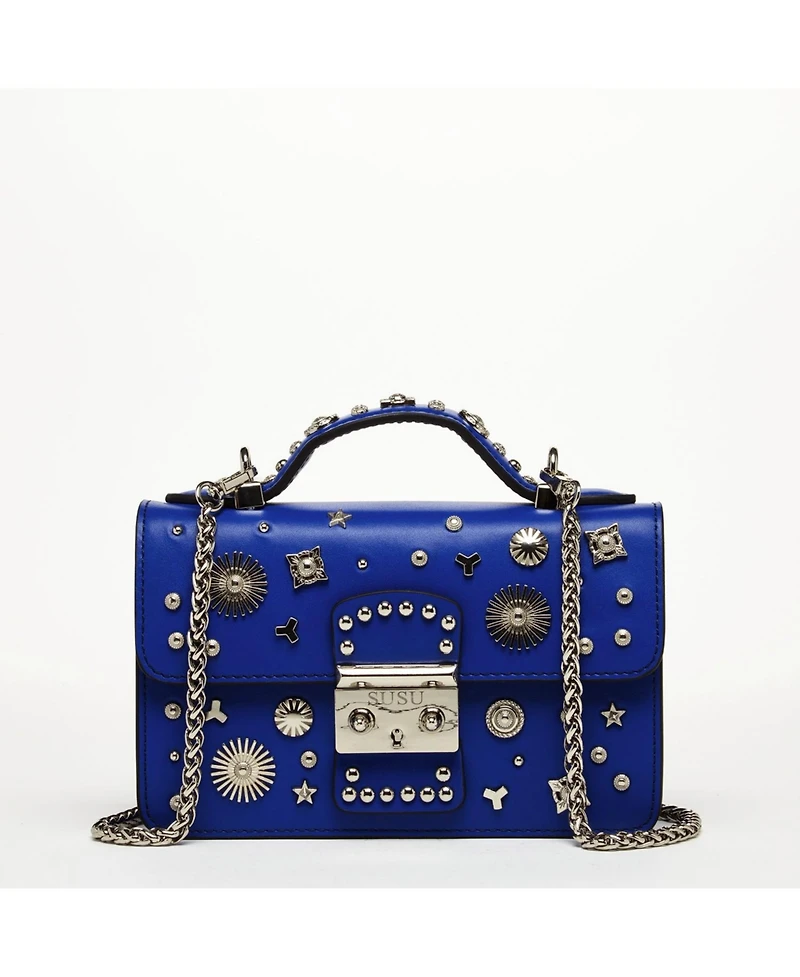 Susu Studded Cobalt Blue Leather Crossbody Bag Small Designer Women s Purse with Chain Strap and Top Handle