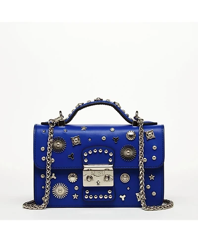 Susu Studded Cobalt Blue Leather Crossbody Bag Small Designer Women s Purse with Chain Strap and Top Handle