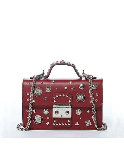 Susu Burgundy Studded Leather Crossbody Bag Small Designer Purse with Top Handle and Embellishments for Women