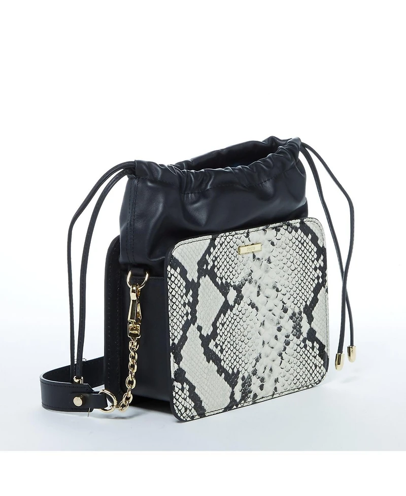 Susu Black Leather Bucket Bag Medium Size Purse with Snakeskin Print and Drawstring Design for Women