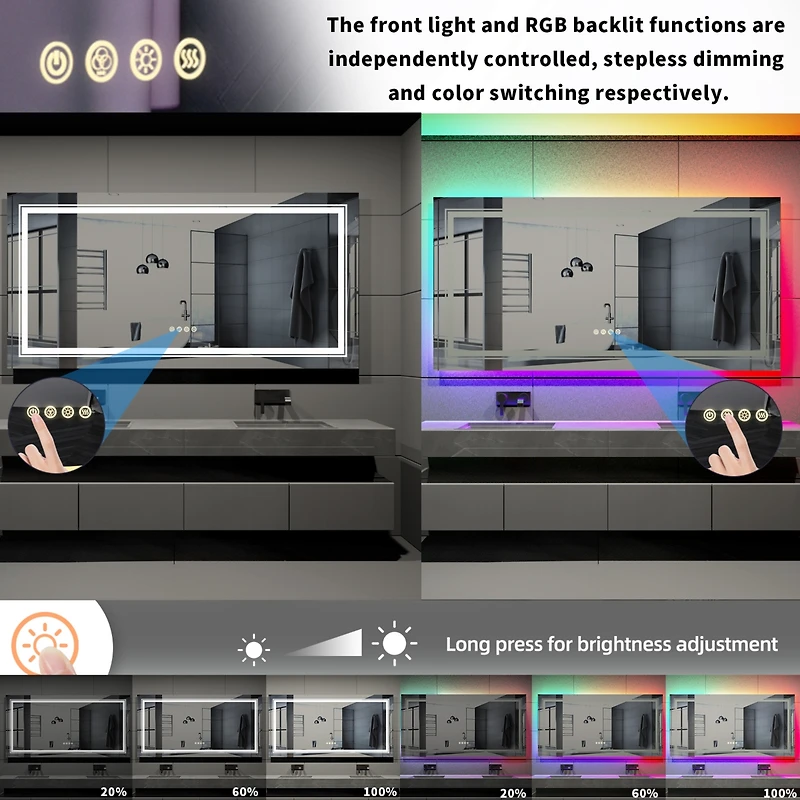 Luvodi 23.6x31.5 in Led Bathroom Wall Mirror Rgb Touch Anti Fog Multicolor Dimmable