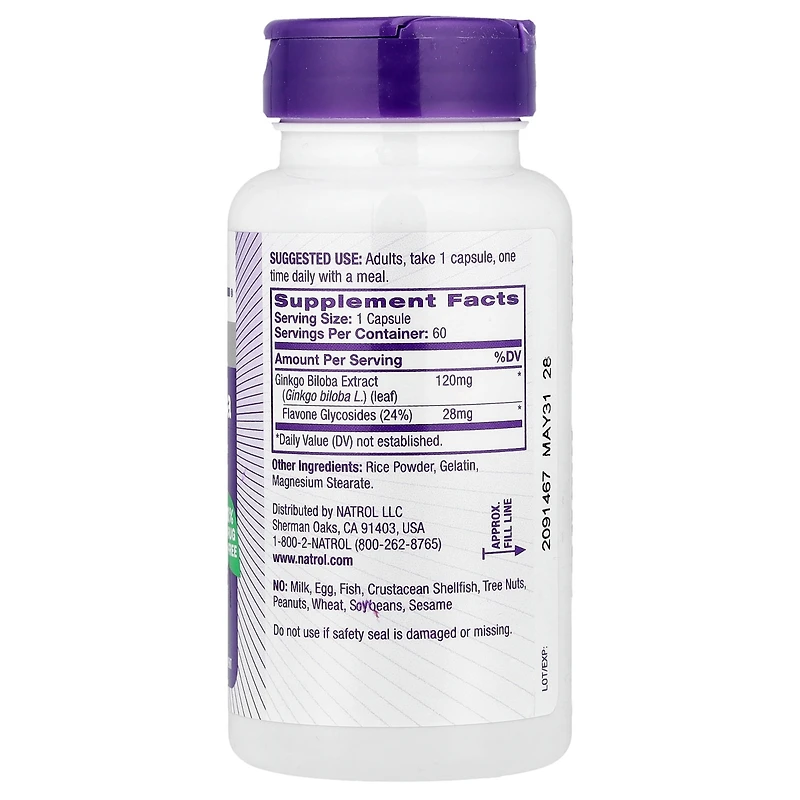 Natrol Ginkgo Biloba, 120 mg, 60 Capsules, Herbal Supplements