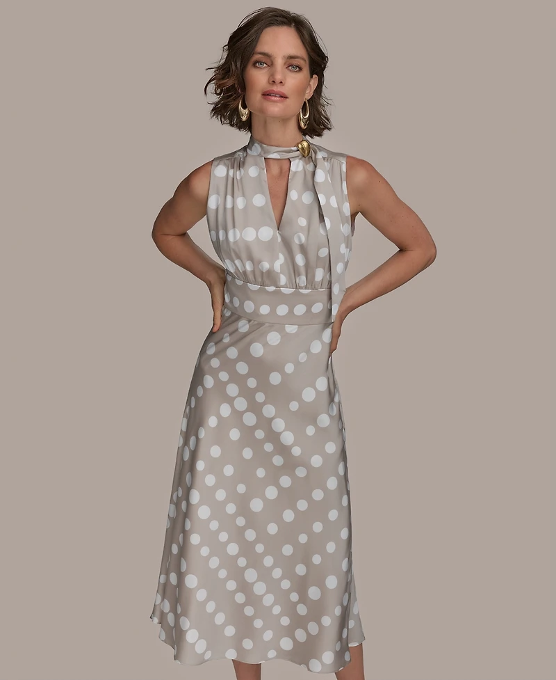 Donna Karan New York Women's Dot-Print Tie-Neck A-Line Dress