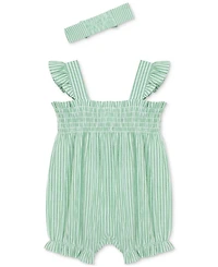 Little Me Baby Girls Cotton Striped Floral Bubble Romper & Headband, 2 Piece Set