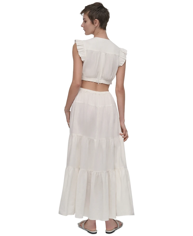 Dkny Jeans Women's Linen-Blend Tiered V-Neck Cutout Dress