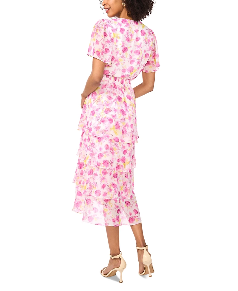 Vince Camuto Women's Smocked Waist V-Neck Tiered Midi Dress