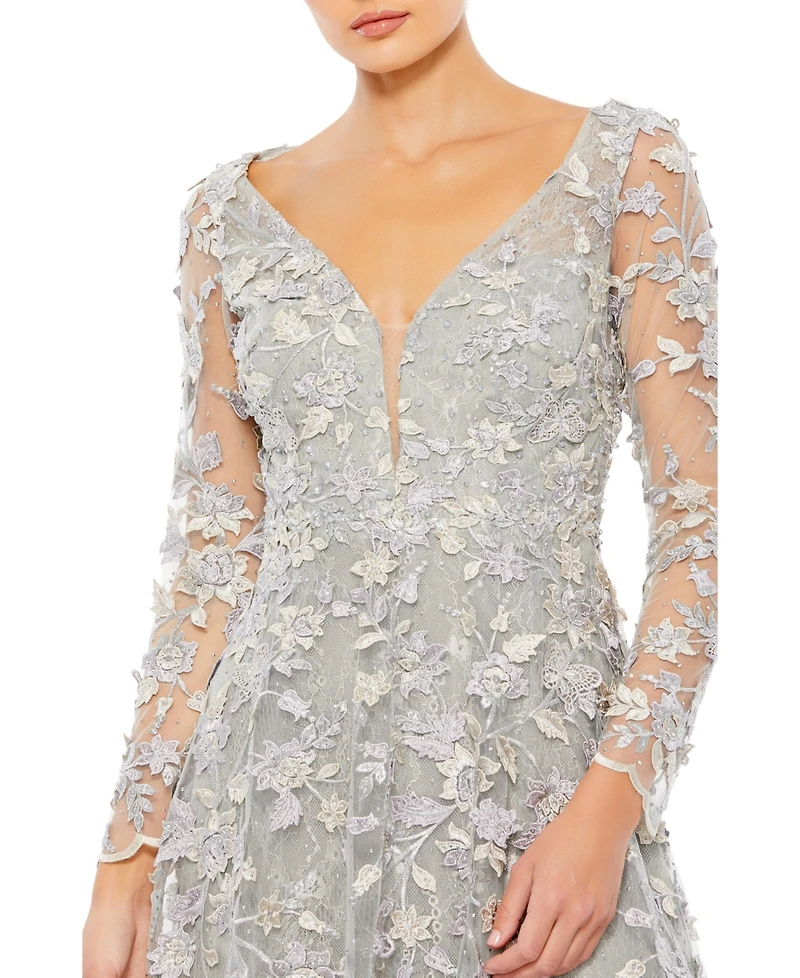 Mac Duggal Women's Floral Applique Long Sleeve Illusion Gown