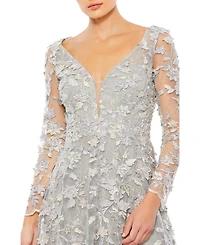 Mac Duggal Women's Floral Applique Long Sleeve Illusion Gown