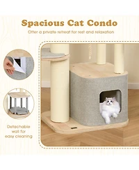 Modern Wooden Cat Tree with Perch, Condo & Hammock Stylish & Cozy Play Tower for Cats
