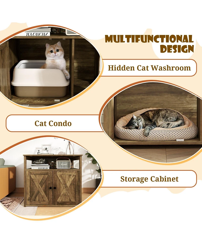 Cat Litter Box Enclosure with Double Barn Doors, Divider, Side Entry & Storage Shelf Stylish & Functional