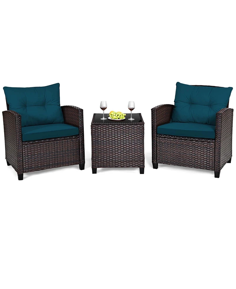 Gymax Set of 3 Rattan Furniture Patio Cushioned Conversation Sofa