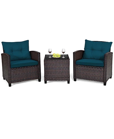 Gymax Set of 3 Rattan Furniture Patio Cushioned Conversation Sofa