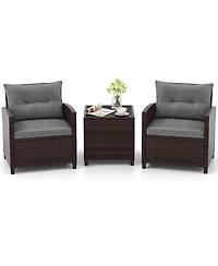 Gymax Set of 3 Rattan Furniture Patio Cushioned Conversation Sofa