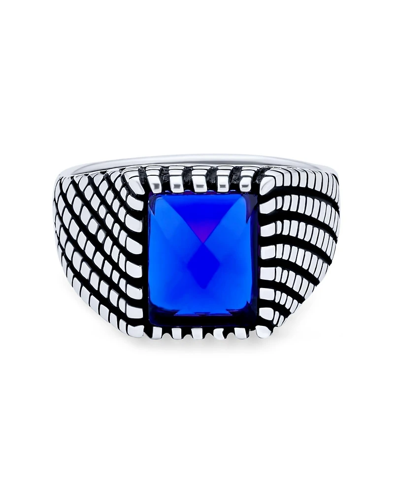 Bling Jewelry Stainless Steel Blue Sapphire Signet Ring Oxidized Silver Handmade