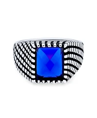 Bling Jewelry Stainless Steel Blue Sapphire Signet Ring Oxidized Silver Handmade