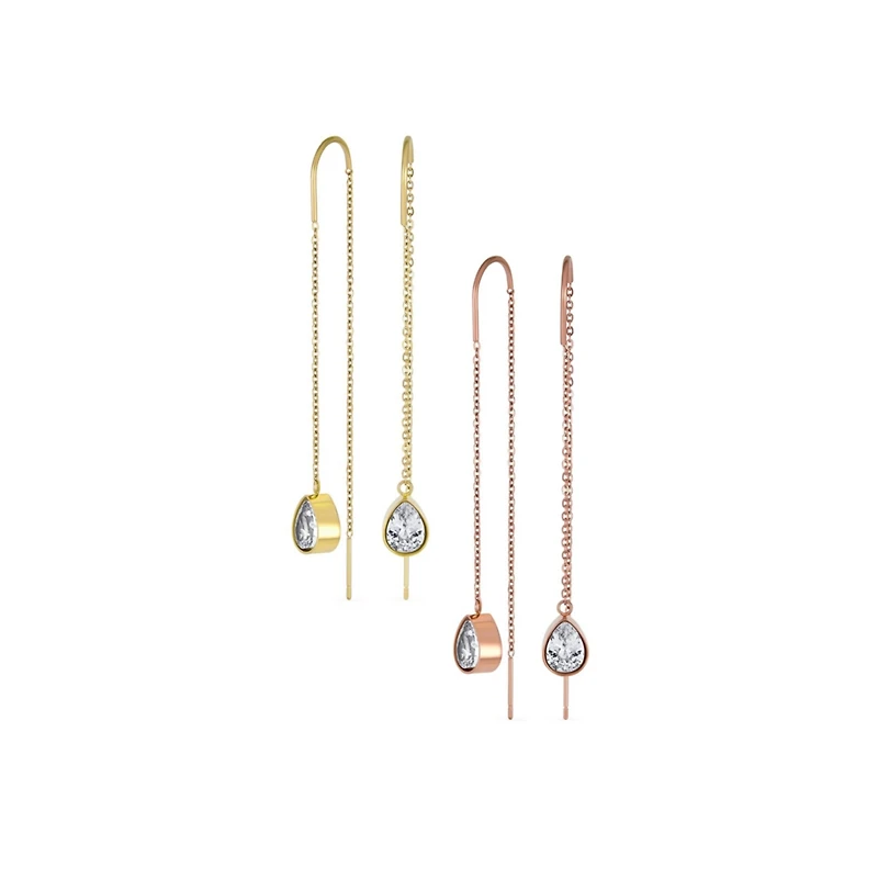 Bling Jewelry Set of 2 Geometric Minimalist Dangle Chandelier Earrings with Cz Teardrop Rose Gold Plated