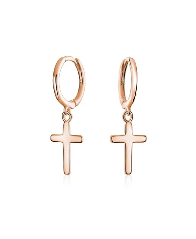 Bling Jewelry Small Religious Cross Dangle Earrings Rose Gold Plated Sterling Silver Huggie