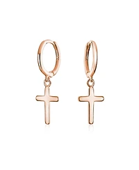Bling Jewelry Small Religious Cross Dangle Earrings Rose Gold Plated Sterling Silver Huggie