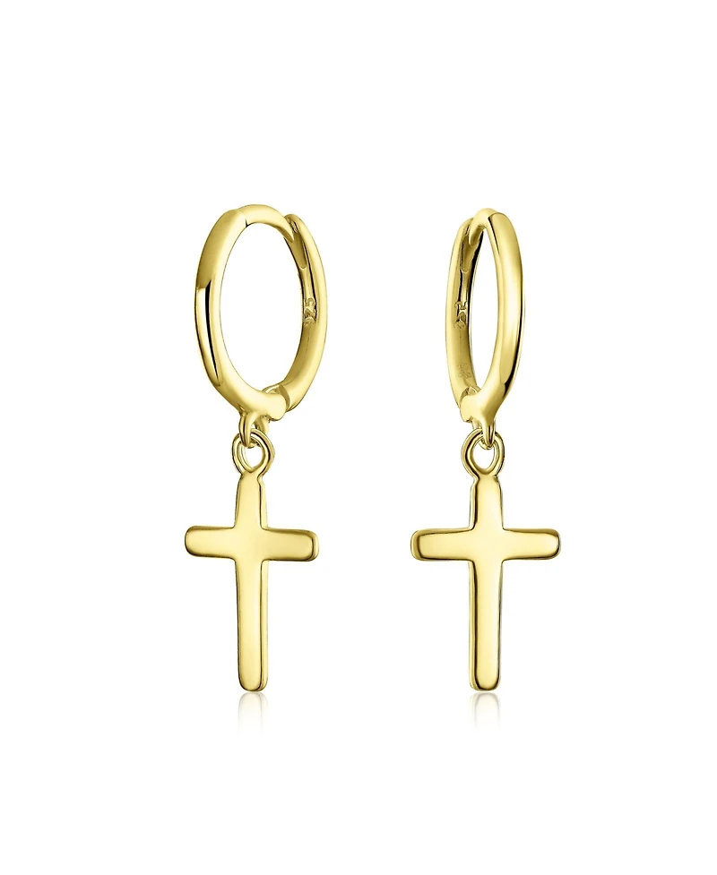 Bling Jewelry Small Religious Cross Dangle Earrings Rose Gold Plated Sterling Silver Huggie