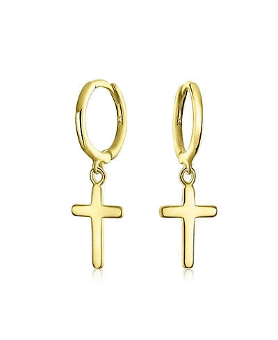 Bling Jewelry Small Religious Cross Dangle Earrings Rose Gold Plated Sterling Silver Huggie