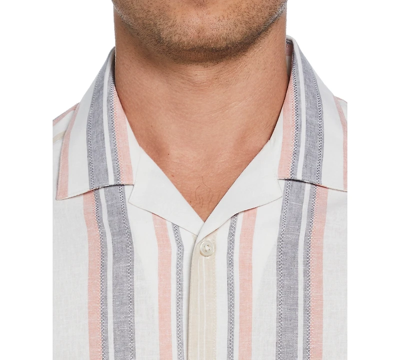 Cubavera Men's Short Sleeve Striped Panel Button-Front Linen Camp Shirt