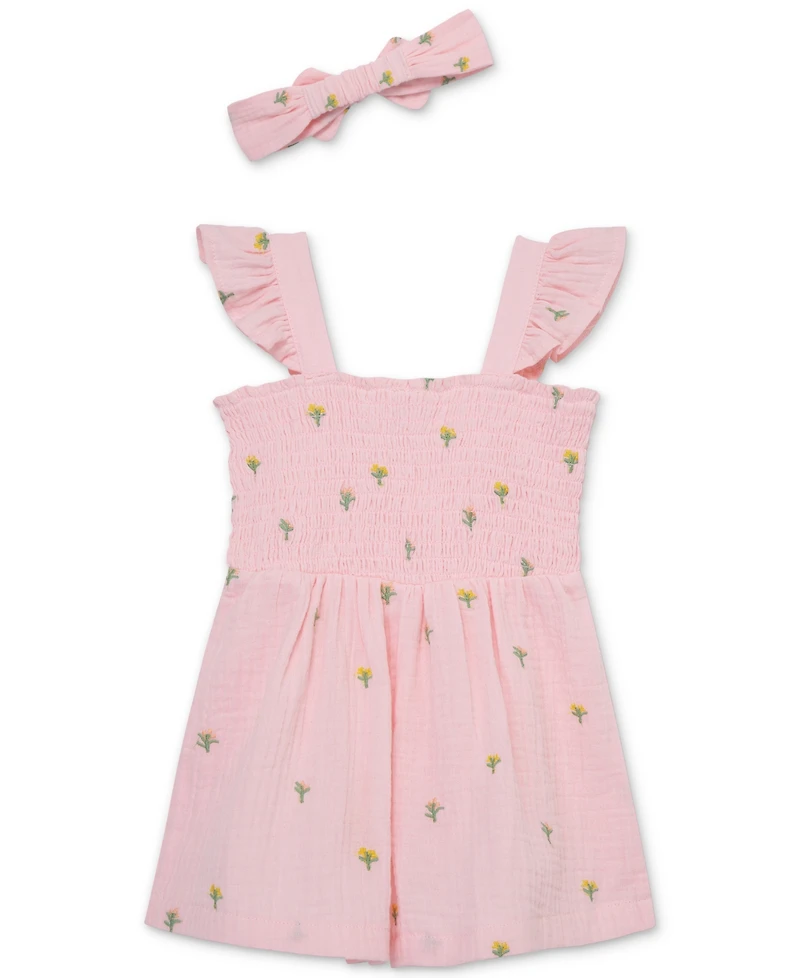Little Me Baby Girls Woven Cotton Floral Schiffli Romper & Headband, 2 Piece Set