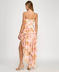 Seni & Cade Juniors' Floral Asymmetric Ruffle Dress