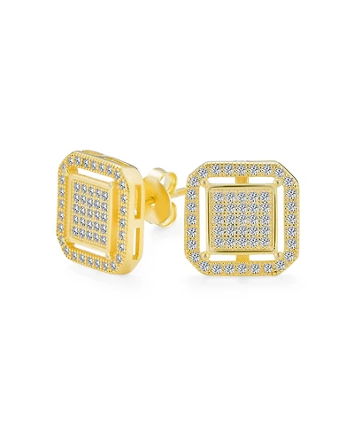 Bling Jewelry Geometric Cz Stud Earrings: Flat Square Box Frame, 14K Gold, Sterling Silver, 12MM
