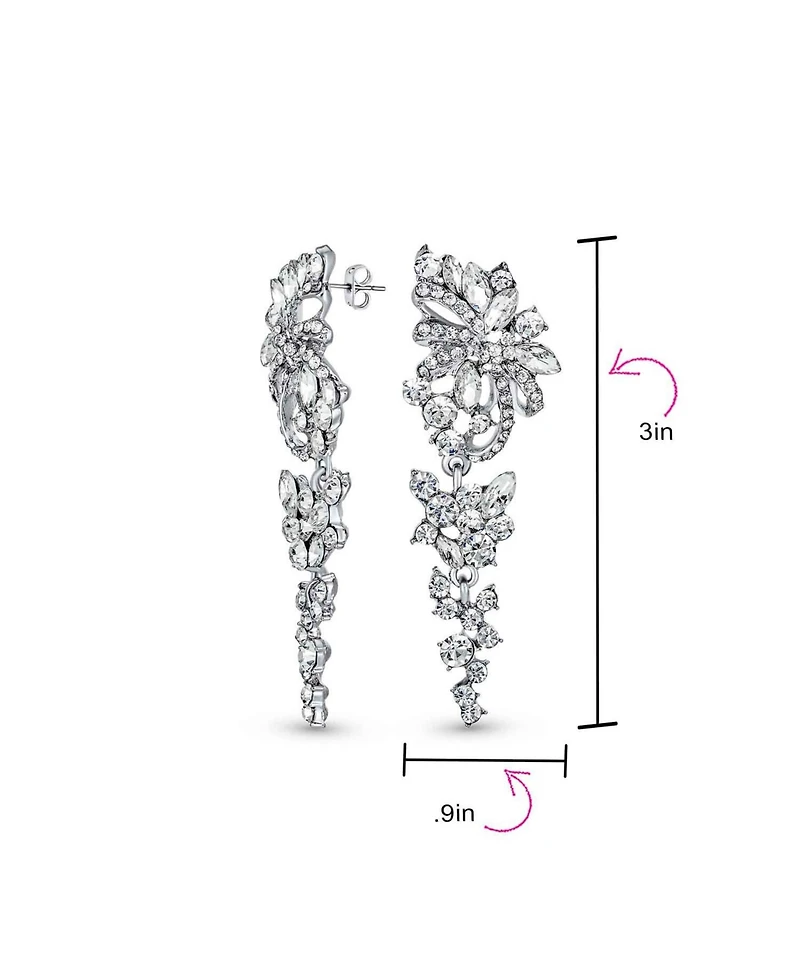 Bling Jewelry Dangling Holiday Party Waterfall Long Flower Bow Crystal Prom Pageant Chandelier Statement Earrings Pink Rose Gold Or Silver Plated