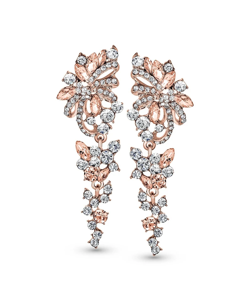 Bling Jewelry Dangling Holiday Party Waterfall Long Flower Bow Crystal Prom Pageant Chandelier Statement Earrings Pink Rose Gold Or Silver Plated
