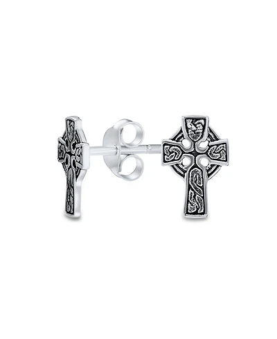 Bling Jewelry Religious Celtic Knot Cross Stud Earrings in Oxidized Sterling Silver