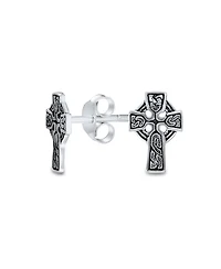 Bling Jewelry Religious Celtic Knot Cross Stud Earrings in Oxidized Sterling Silver