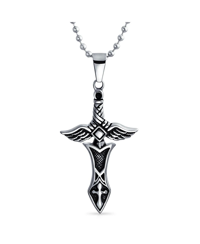 Bling Jewelry Biker Jewelry Royal Sword & Angel Wings Cross Necklace Black Stainless Steel