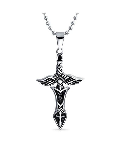 Bling Jewelry Biker Jewelry Royal Sword & Angel Wings Cross Necklace Black Stainless Steel