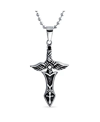 Bling Jewelry Biker Jewelry Royal Sword & Angel Wings Cross Necklace Black Stainless Steel