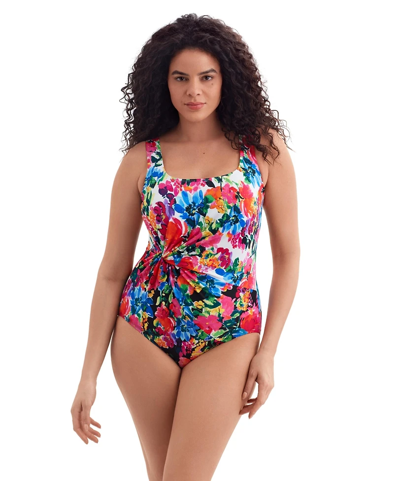 Longitude by Mimi Flamingo Women's Blooming Bouquet Twist Drape Tank One Piece Swimsuit