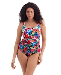Longitude by Mimi Flamingo Women's Blooming Bouquet Twist Drape Tank One Piece Swimsuit