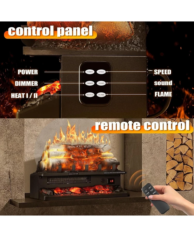 Kismile 20" Electric Fireplace Log Heater with Crackling Sound, 750W/1500W, Remote, Timer & Overheat Protection for Home/Office