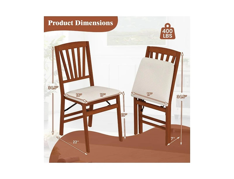 Folding Dining Chairs Set of 2 with Padded Seat and Rubber Wood Frame