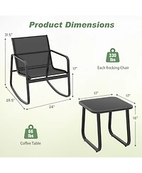 2 Rocking Bistro Chairs with Glass-Top Table Cozy Outdoor Patio Set for Porch, Yard, or Balcony