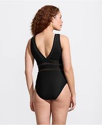 Lands' End Women's Mesh Ribbed Plunge High Leg One Piece Swimsuit