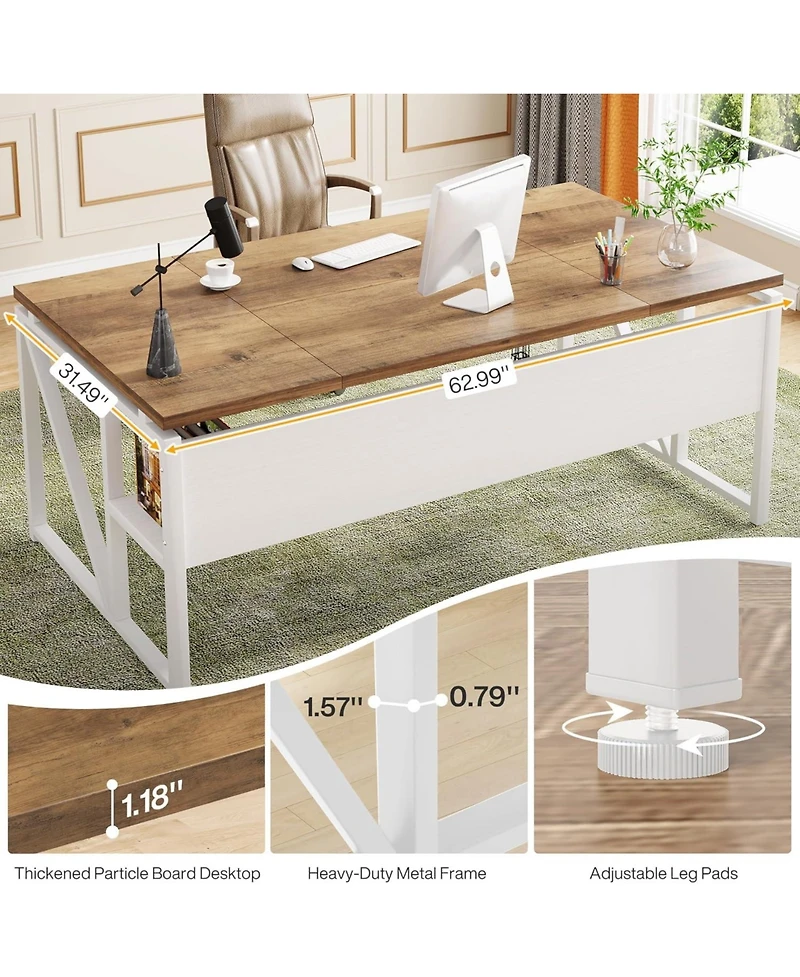 Tribesigns 63 inches Computer Desk with Bottom Storage Shelf Home Office Writing Table for Workstation, Cabinet not Included