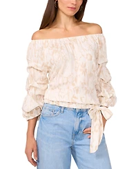 Vince Camuto Women's Printed Linen-Blend Off-The-Shoulder Bubble 3/4-Sleeve Tie-Front Blouse